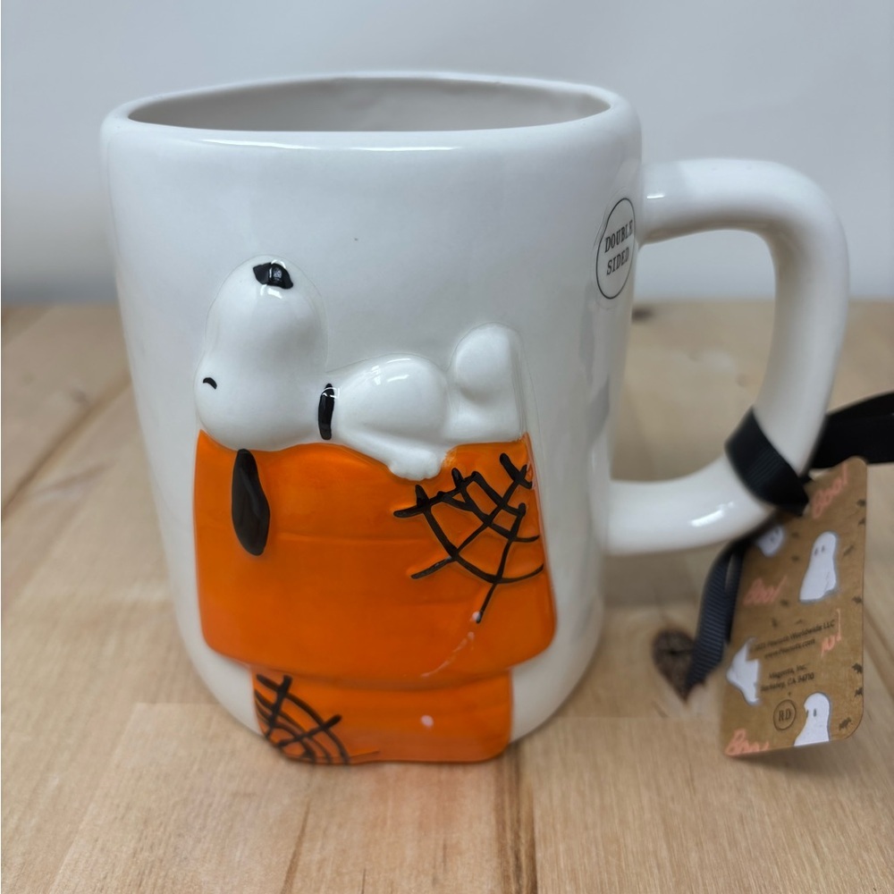 Rae Dunn Snoopy CAUGHT IN YOUR WEB Mug White Double Sided Halloween Peanuts New